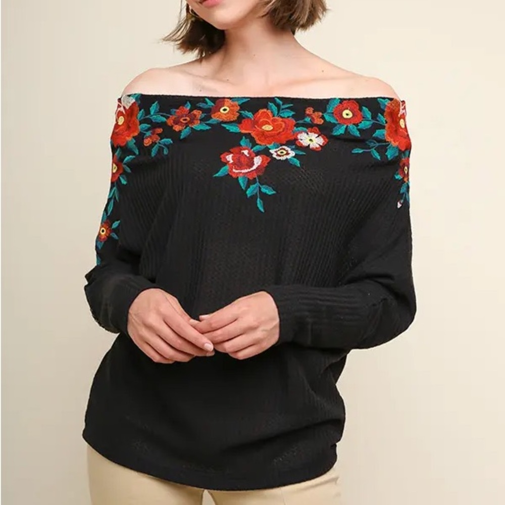 Umgee Black Off-Shoulder Waffle Top with Floral Embroidery
